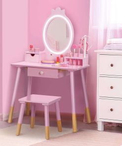 Kids Vanity Set with Lighted Mirror, Princess Make Up Dressing Table and Stool Set w-Jewelry Storage Rack & Make Up Brush Holder, Wooden Children Vanity Table Pretend Playset for Girls - 2