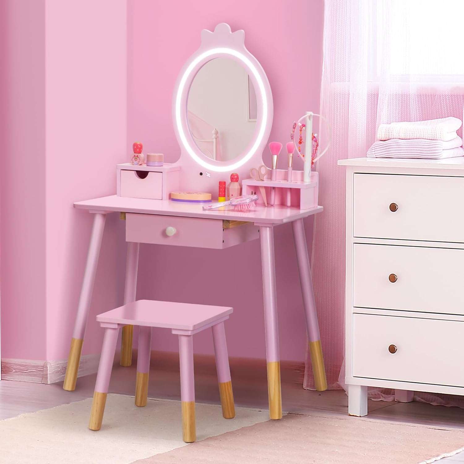 Kids Vanity Set with Lighted Mirror, Princess Make Up Dressing Table and Stool Set w-Jewelry Storage Rack & Make Up Brush Holder, Wooden Children Vanity Table Pretend Playset for Girls - 2