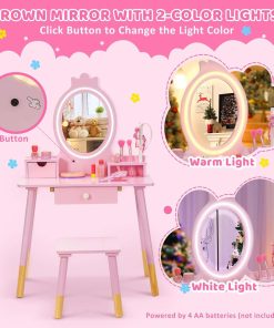 Kids Vanity Set with Lighted Mirror, Princess Make Up Dressing Table and Stool Set w-Jewelry Storage Rack & Make Up Brush Holder, Wooden Children Vanity Table Pretend Playset for Girls - 3