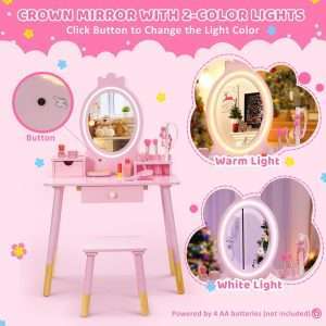 Kids Vanity Set with Lighted Mirror, Princess Make Up Dressing Table and Stool Set w-Jewelry Storage Rack & Make Up Brush Holder, Wooden Children Vanity Table Pretend Playset for Girls - 3