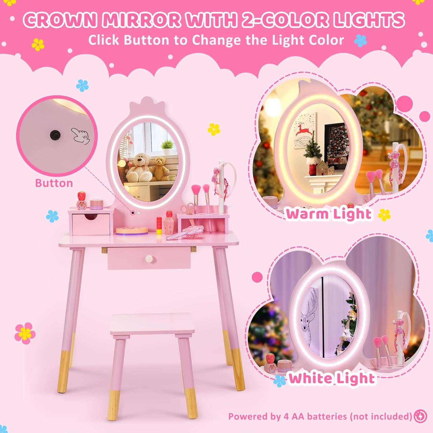 Kids Vanity Set with Lighted Mirror, Princess Make Up Dressing Table and Stool Set w-Jewelry Storage Rack & Make Up Brush Holder, Wooden Children Vanity Table Pretend Playset for Girls - 3