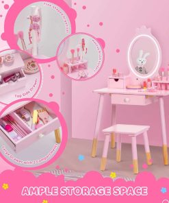 Kids Vanity Set with Lighted Mirror, Princess Make Up Dressing Table and Stool Set w-Jewelry Storage Rack & Make Up Brush Holder, Wooden Children Vanity Table Pretend Playset for Girls - 4