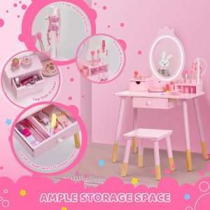 Kids Vanity Set with Lighted Mirror, Princess Make Up Dressing Table and Stool Set w-Jewelry Storage Rack & Make Up Brush Holder, Wooden Children Vanity Table Pretend Playset for Girls - 4