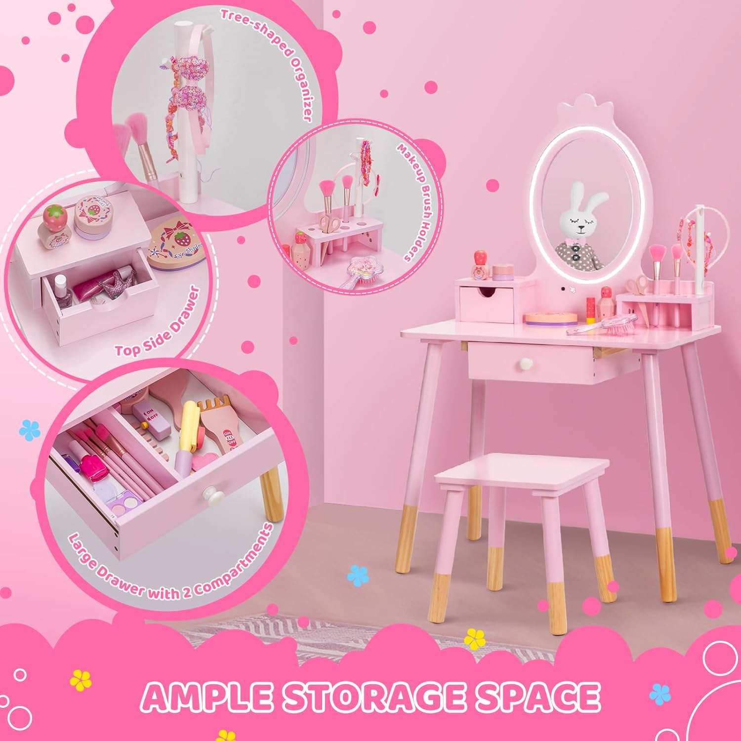Kids Vanity Set with Lighted Mirror, Princess Make Up Dressing Table and Stool Set w-Jewelry Storage Rack & Make Up Brush Holder, Wooden Children Vanity Table Pretend Playset for Girls - 4