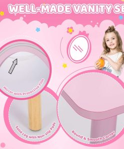 Kids Vanity Set with Lighted Mirror, Princess Make Up Dressing Table and Stool Set w-Jewelry Storage Rack & Make Up Brush Holder, Wooden Children Vanity Table Pretend Playset for Girls - 5