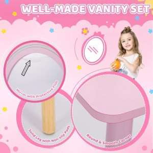 Kids Vanity Set with Lighted Mirror, Princess Make Up Dressing Table and Stool Set w-Jewelry Storage Rack & Make Up Brush Holder, Wooden Children Vanity Table Pretend Playset for Girls - 5