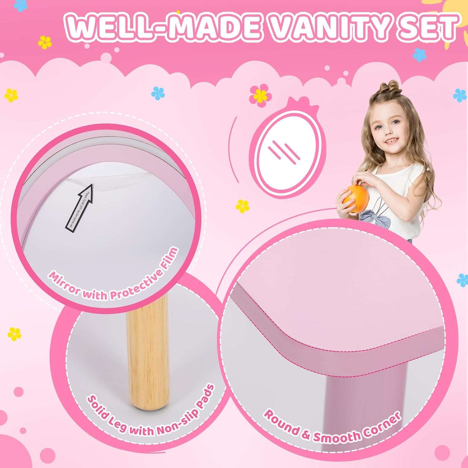 Kids Vanity Set with Lighted Mirror, Princess Make Up Dressing Table and Stool Set w-Jewelry Storage Rack & Make Up Brush Holder, Wooden Children Vanity Table Pretend Playset for Girls - 5