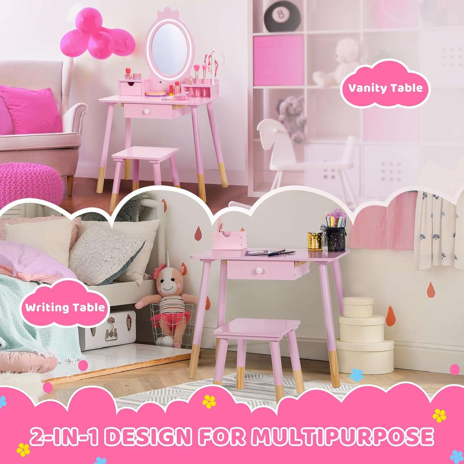 Kids Vanity Set with Lighted Mirror, Princess Make Up Dressing Table and Stool Set w-Jewelry Storage Rack & Make Up Brush Holder, Wooden Children Vanity Table Pretend Playset for Girls - 6