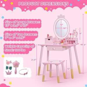 Kids Vanity Set with Lighted Mirror, Princess Make Up Dressing Table and Stool Set w-Jewelry Storage Rack & Make Up Brush Holder, Wooden Children Vanity Table Pretend Playset for Girls - 7