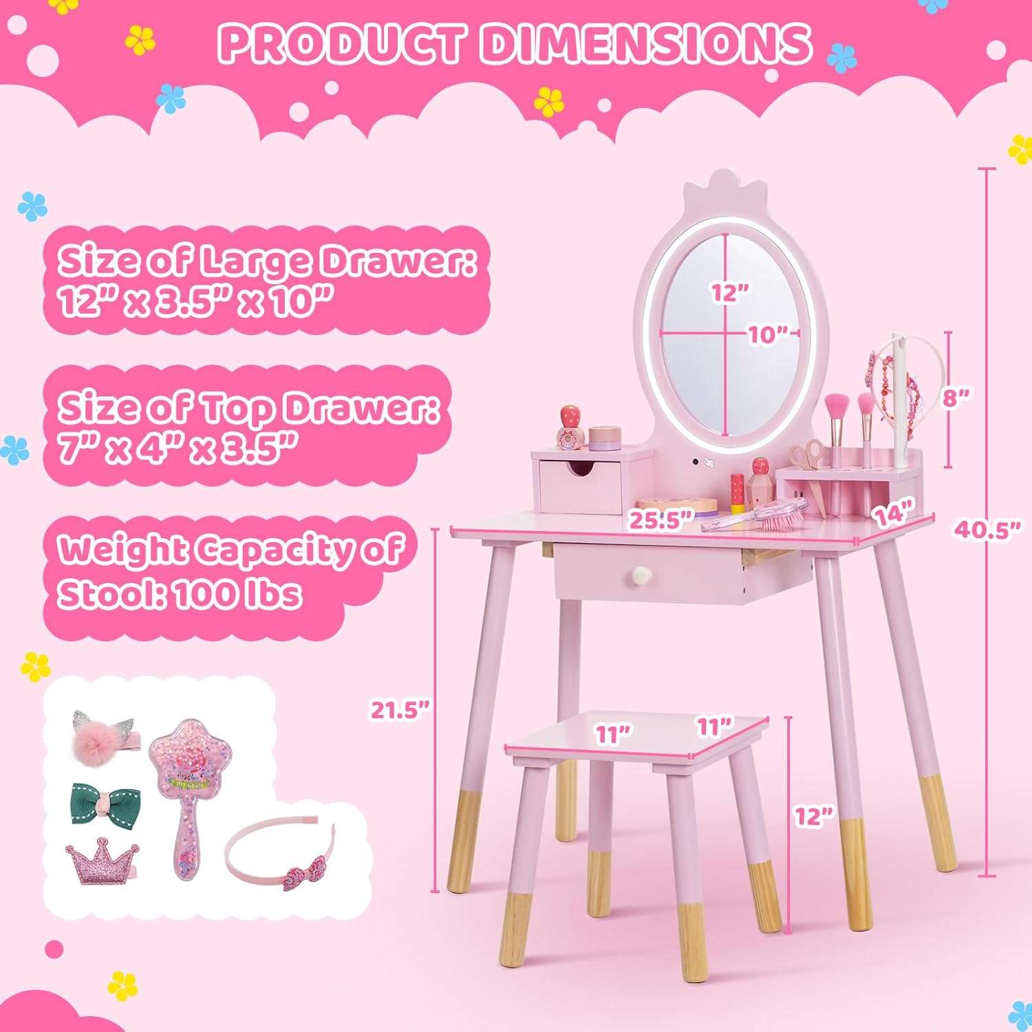 Kids Vanity Set with Lighted Mirror, Princess Make Up Dressing Table and Stool Set w-Jewelry Storage Rack & Make Up Brush Holder, Wooden Children Vanity Table Pretend Playset for Girls - 7