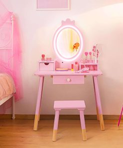 Kids Vanity Set with Lighted Mirror, Princess Make Up Dressing Table and Stool Set w-Jewelry Storage Rack & Make Up Brush Holder, Wooden Children Vanity Table Pretend Playset for Girls - 8