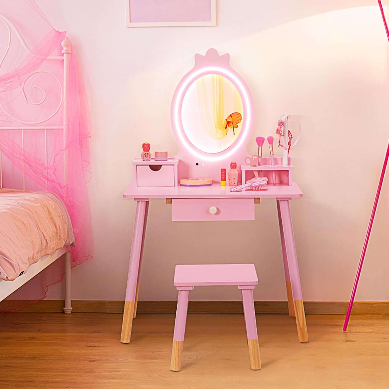 Kids Vanity Set with Lighted Mirror, Princess Make Up Dressing Table and Stool Set w-Jewelry Storage Rack & Make Up Brush Holder, Wooden Children Vanity Table Pretend Playset for Girls - 8