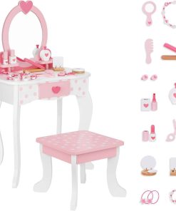 Kids Vanity Set,Table & Chair Vanity Set with Mirror（includes 15 pcs multiple make up accessories, Makeup Dressing Table with Storage Drawer, Pink - 1