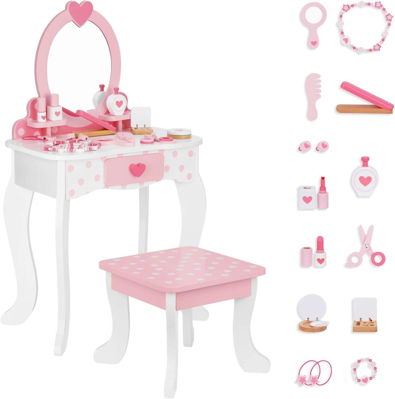 Kids Vanity Set,Table & Chair Vanity Set with Mirror（includes 15 pcs multiple make up accessories, Makeup Dressing Table with Storage Drawer, Pink - 1