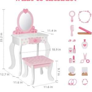 Kids Vanity Set,Table & Chair Vanity Set with Mirror（includes 15 pcs multiple make up accessories, Makeup Dressing Table with Storage Drawer, Pink - 2