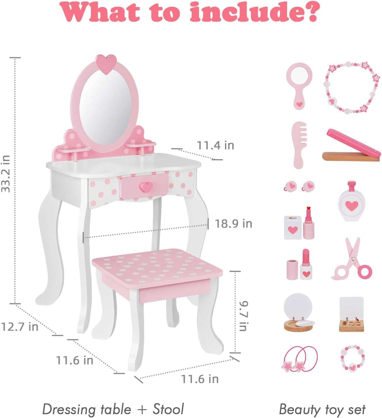 Kids Vanity Set,Table & Chair Vanity Set with Mirror（includes 15 pcs multiple make up accessories, Makeup Dressing Table with Storage Drawer, Pink - 2
