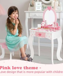 Kids Vanity Set,Table & Chair Vanity Set with Mirror（includes 15 pcs multiple make up accessories, Makeup Dressing Table with Storage Drawer, Pink - 3