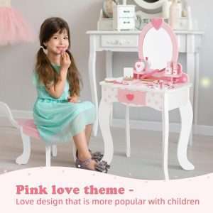 Kids Vanity Set,Table & Chair Vanity Set with Mirror（includes 15 pcs multiple make up accessories, Makeup Dressing Table with Storage Drawer, Pink - 3