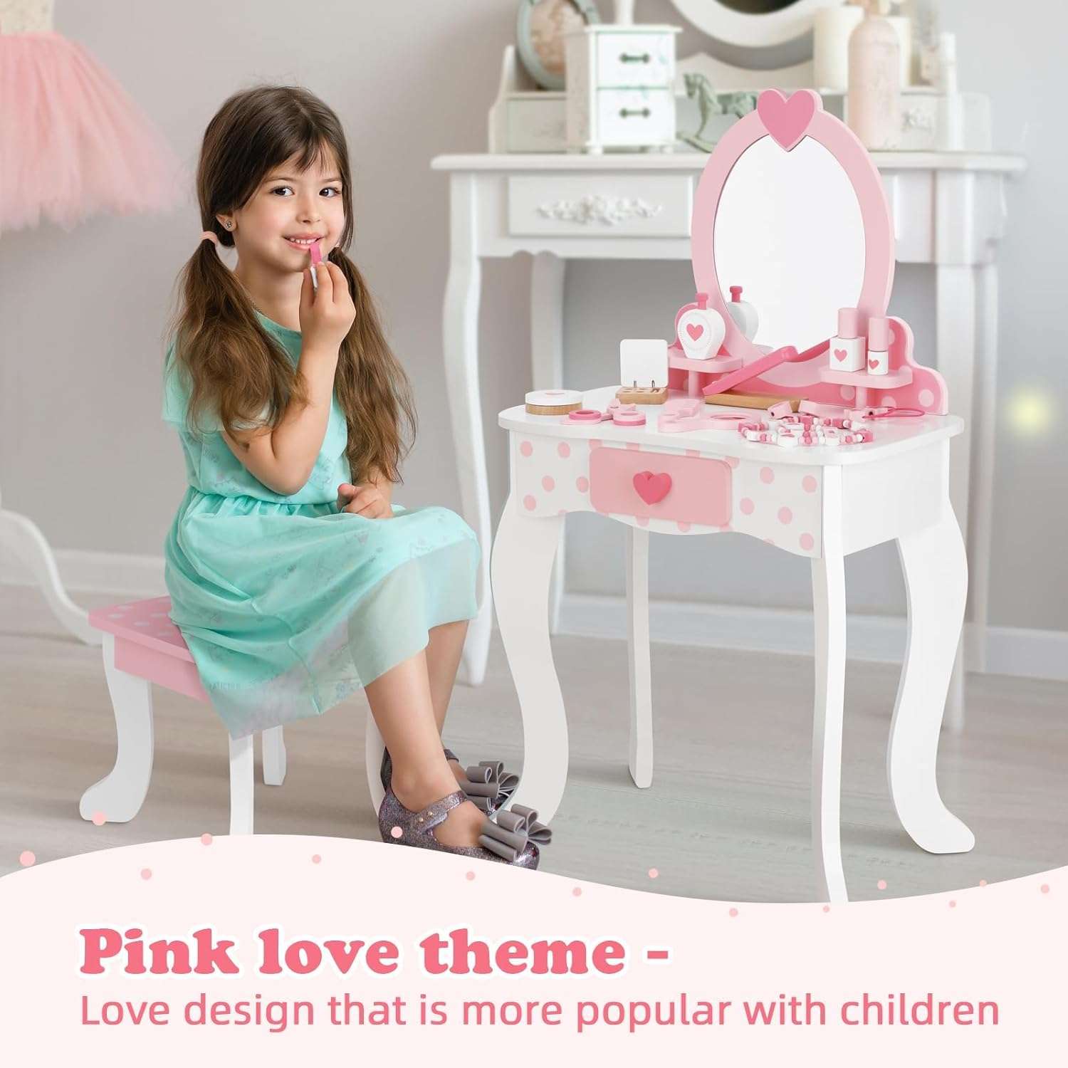 Kids Vanity Set,Table & Chair Vanity Set with Mirror（includes 15 pcs multiple make up accessories, Makeup Dressing Table with Storage Drawer, Pink - 3
