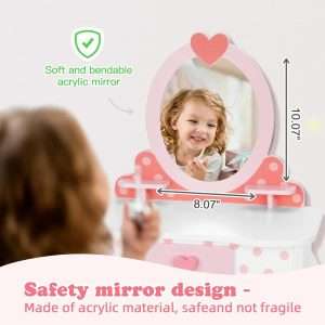 Kids Vanity Set,Table & Chair Vanity Set with Mirror（includes 15 pcs multiple make up accessories, Makeup Dressing Table with Storage Drawer, Pink - 5