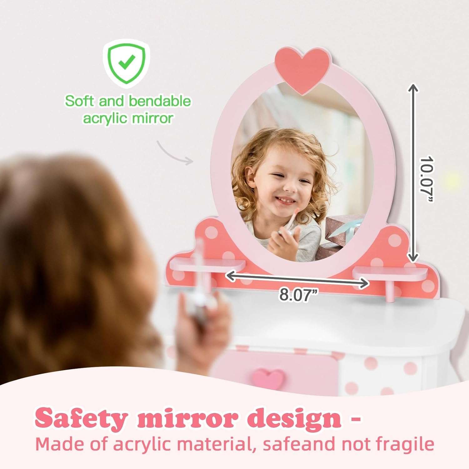 Kids Vanity Set,Table & Chair Vanity Set with Mirror（includes 15 pcs multiple make up accessories, Makeup Dressing Table with Storage Drawer, Pink - 5