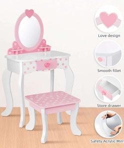 Kids Vanity Set,Table & Chair Vanity Set with Mirror（includes 15 pcs multiple make up accessories, Makeup Dressing Table with Storage Drawer, Pink - 6