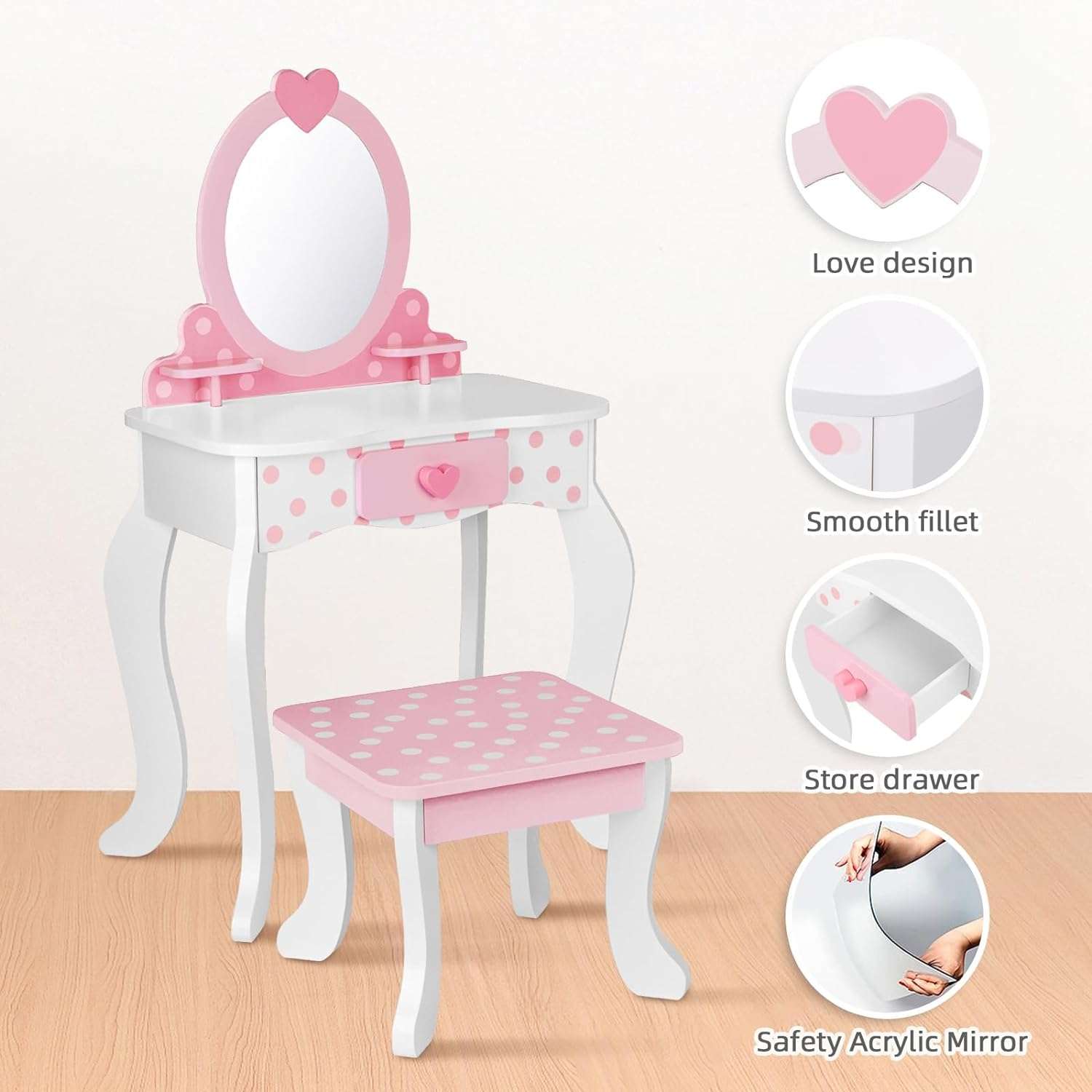 Kids Vanity Set,Table & Chair Vanity Set with Mirror（includes 15 pcs multiple make up accessories, Makeup Dressing Table with Storage Drawer, Pink - 6