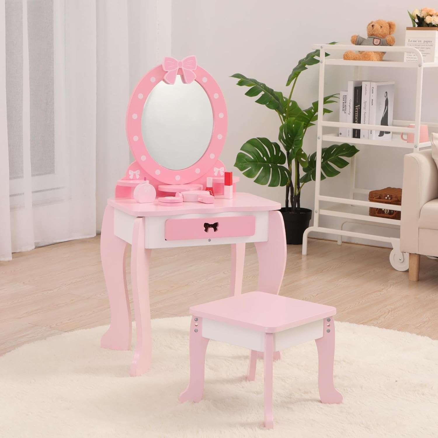 Wooden Kids Vanity Set with Mirror and Stool, Princess Makeup Dressing Table, Pretend Play Vanity Set for Girls - 1