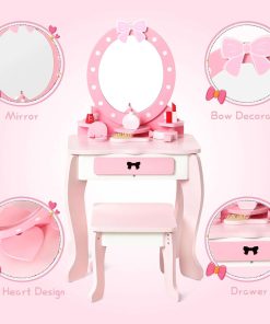 Wooden Kids Vanity Set with Mirror and Stool, Princess Makeup Dressing Table, Pretend Play Vanity Set for Girls - 2