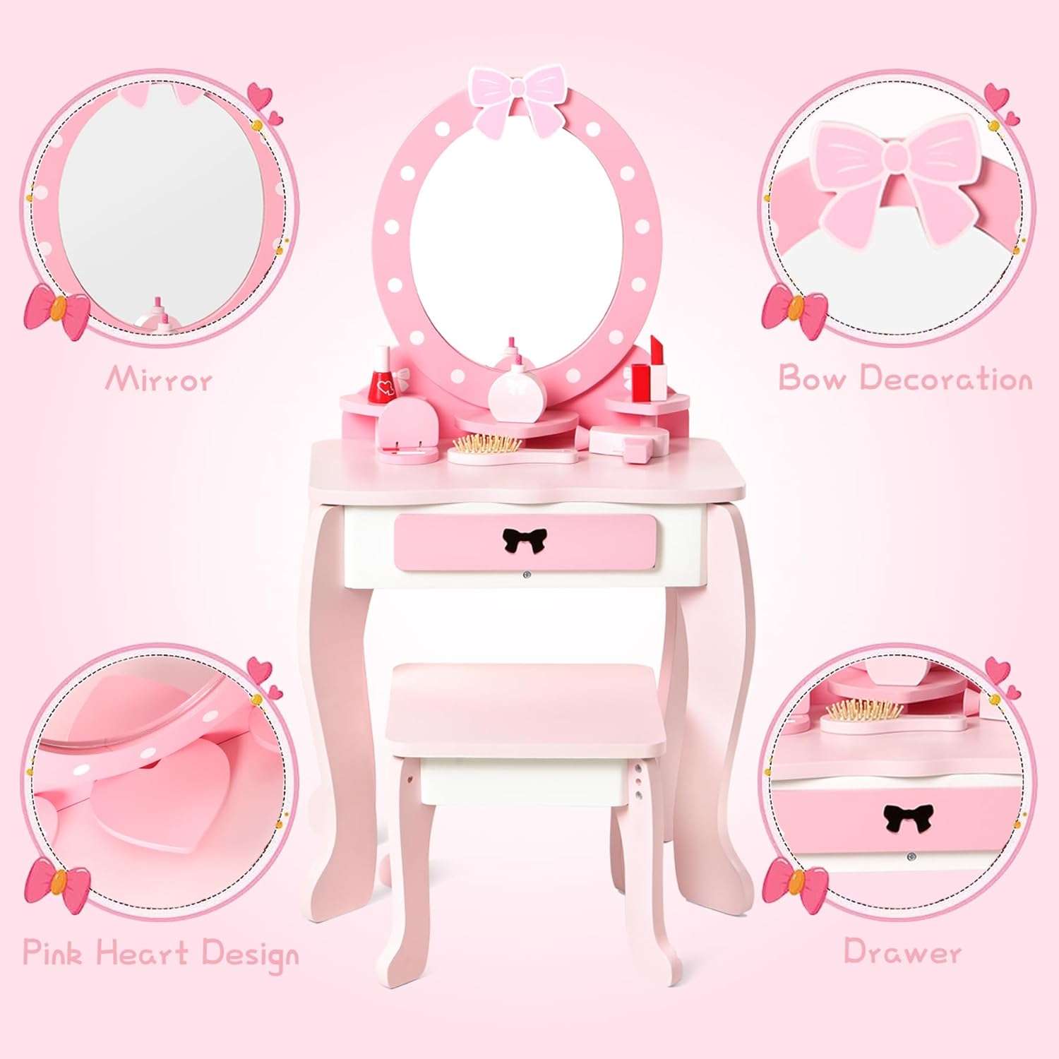 Wooden Kids Vanity Set with Mirror and Stool, Princess Makeup Dressing Table, Pretend Play Vanity Set for Girls - 2