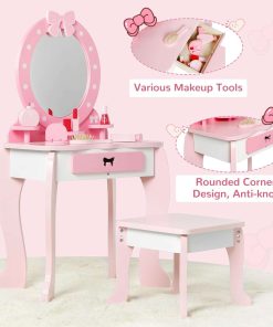 Wooden Kids Vanity Set with Mirror and Stool, Princess Makeup Dressing Table, Pretend Play Vanity Set for Girls - 3