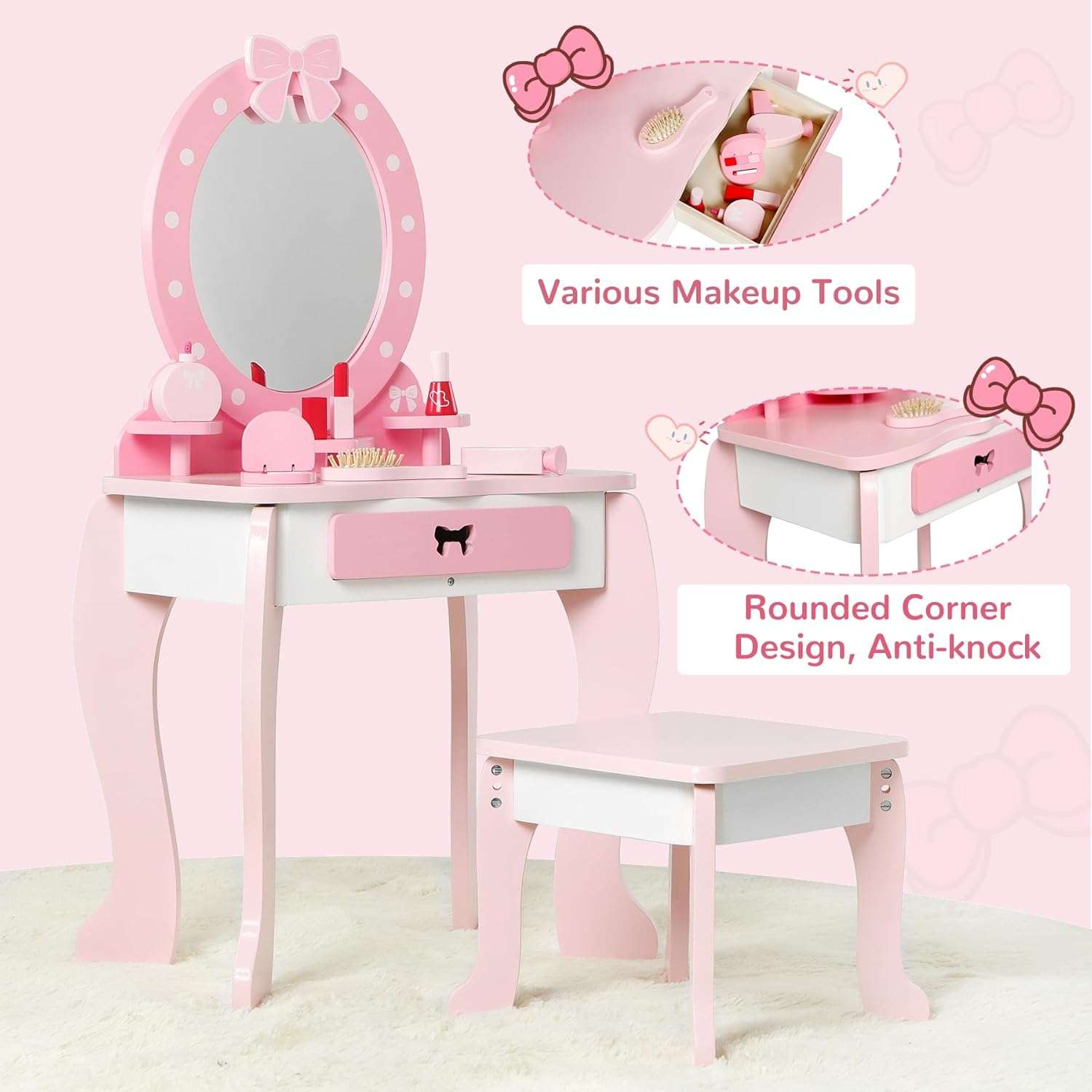 Wooden Kids Vanity Set with Mirror and Stool, Princess Makeup Dressing Table, Pretend Play Vanity Set for Girls - 3