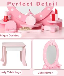 Wooden Kids Vanity Set with Mirror and Stool, Princess Makeup Dressing Table, Pretend Play Vanity Set for Girls - 4