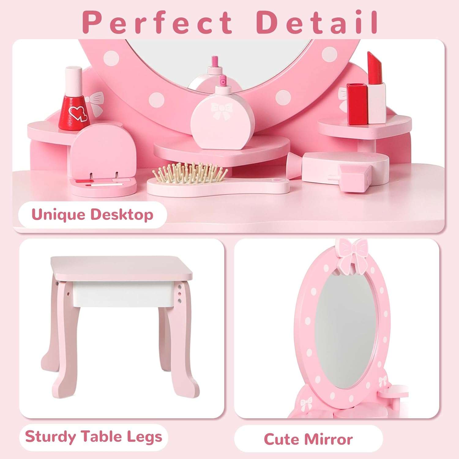 Wooden Kids Vanity Set with Mirror and Stool, Princess Makeup Dressing Table, Pretend Play Vanity Set for Girls - 4