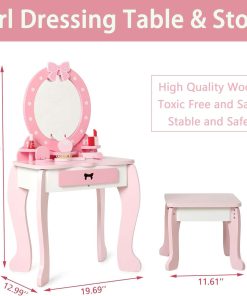 Wooden Kids Vanity Set with Mirror and Stool, Princess Makeup Dressing Table, Pretend Play Vanity Set for Girls - 5