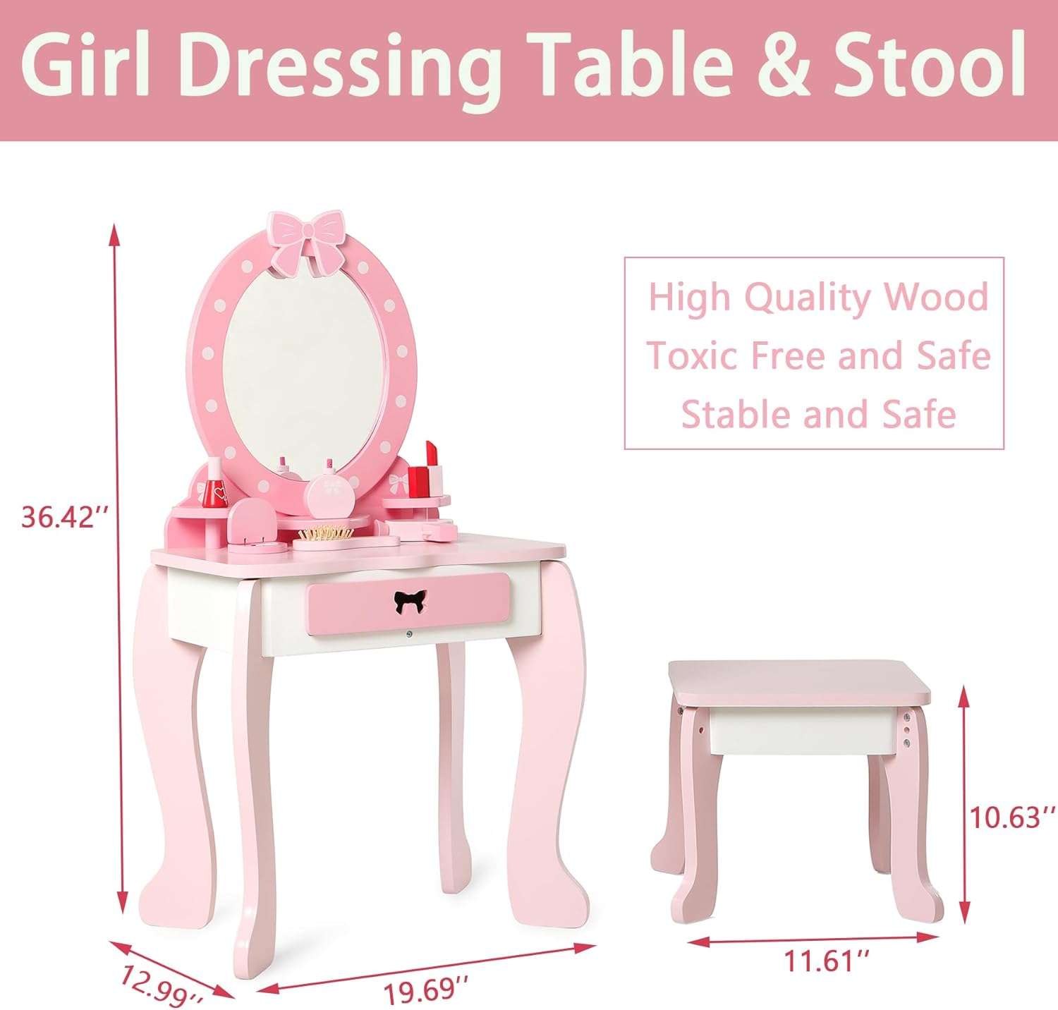 Wooden Kids Vanity Set with Mirror and Stool, Princess Makeup Dressing Table, Pretend Play Vanity Set for Girls - 5