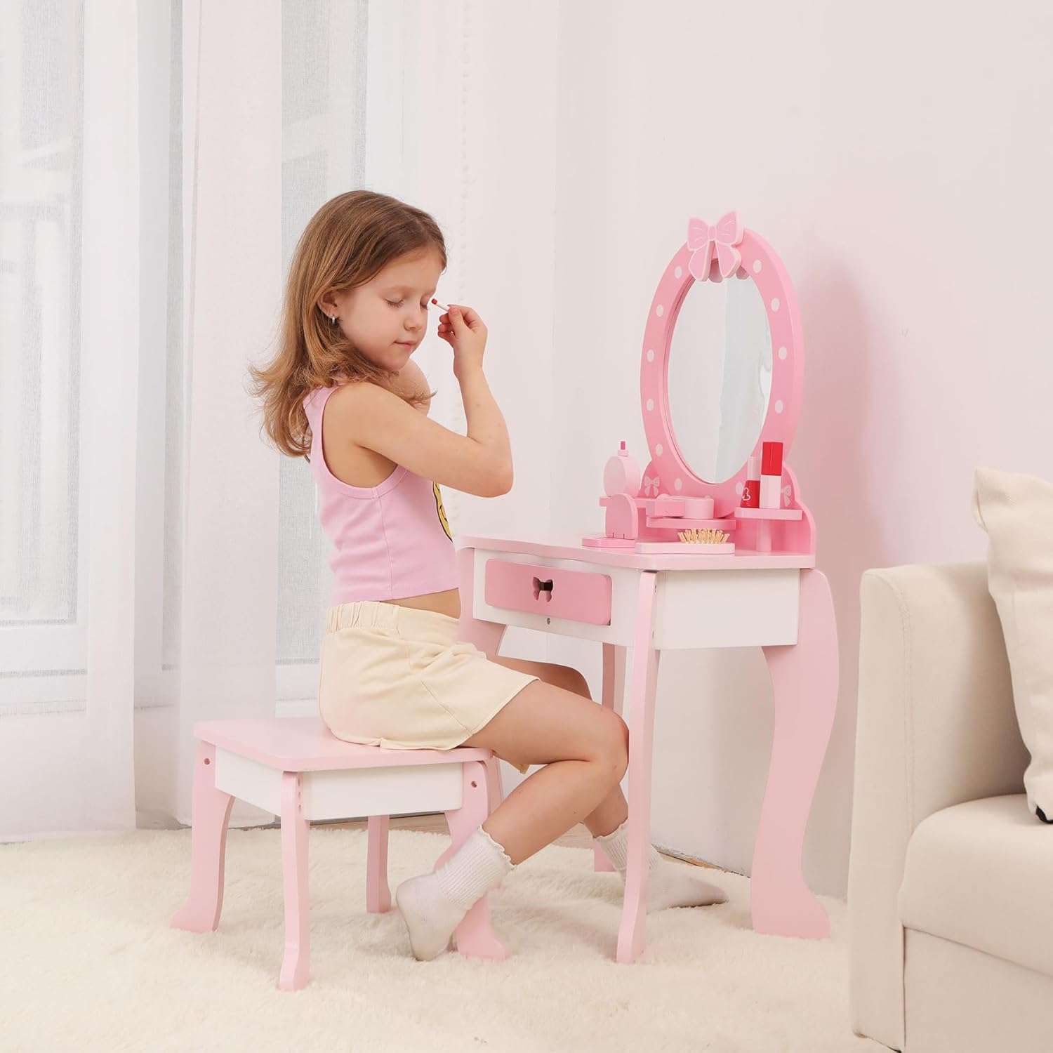 Wooden Kids Vanity Set with Mirror and Stool, Princess Makeup Dressing Table, Pretend Play Vanity Set for Girls - 6