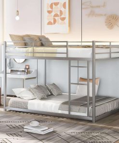 BOVZA Full Over Full Metal Bunk Bed, Low Bunk Bed with Built-in Ladder for Kids Teens Girls Boys, Silver - 1