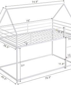 Bunk Bed Twin Over Twin Junior Metal Floor Bunk Bed with Ladder, House Shaped Bunk Bed Frame for Kids Boys Girls, No Box Spring Needed - 2