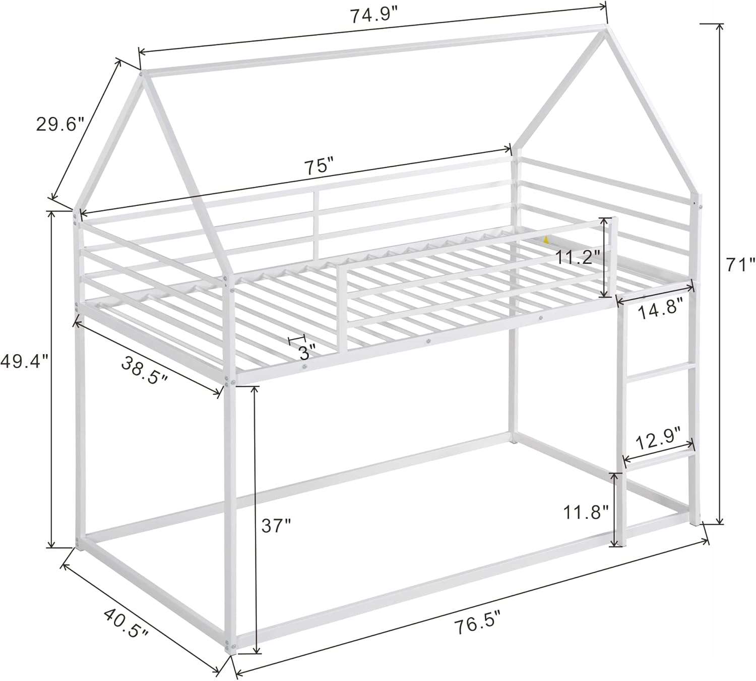 Bunk Bed Twin Over Twin Junior Metal Floor Bunk Bed with Ladder, House Shaped Bunk Bed Frame for Kids Boys Girls, No Box Spring Needed - 2
