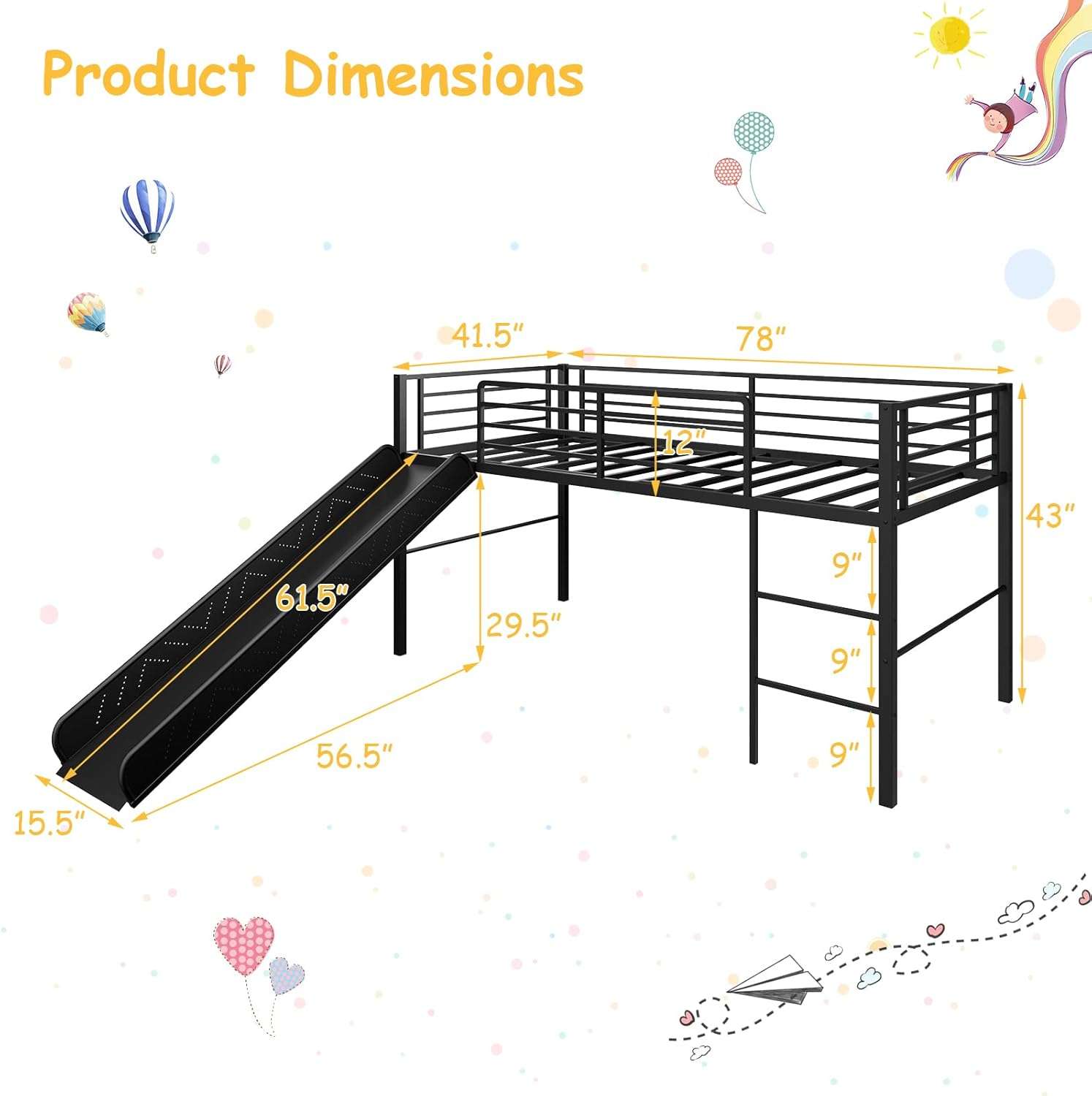 Giantex Twin Loft Bed with Slide, Metal Low Bunk Bed w-Safety Guardrails & Built-in Ladder, Toddler Bed Floor Frame for Boys & Girls, No Box Spring Needed - 2
