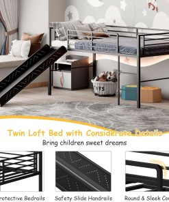 Giantex Twin Loft Bed with Slide, Metal Low Bunk Bed w-Safety Guardrails & Built-in Ladder, Toddler Bed Floor Frame for Boys & Girls, No Box Spring Needed - 5