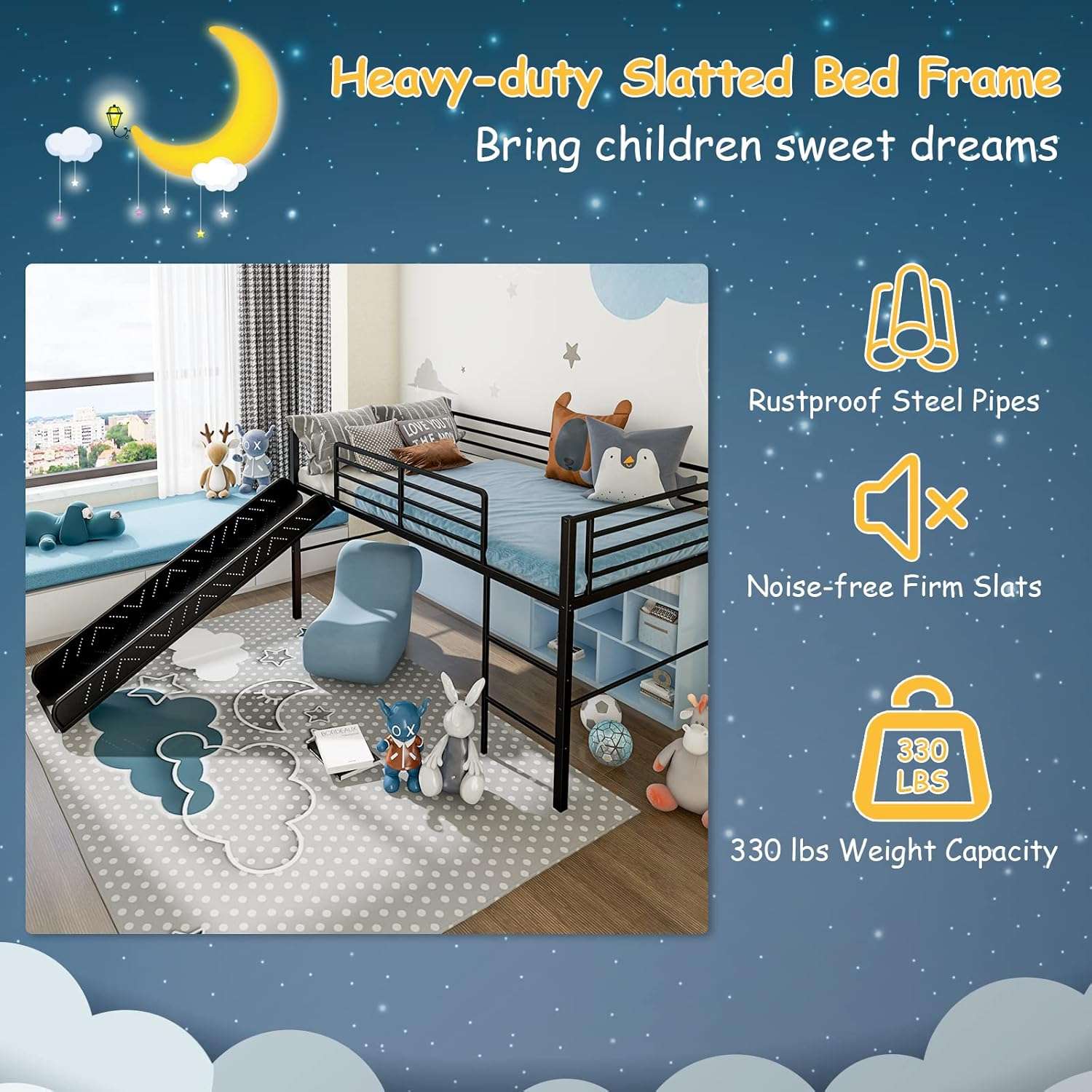 Giantex Twin Loft Bed with Slide, Metal Low Bunk Bed w-Safety Guardrails & Built-in Ladder, Toddler Bed Floor Frame for Boys & Girls, No Box Spring Needed - 7
