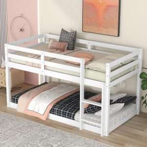 Low Bunk Beds Twin Over Twin Floor Bunk Bed Frame Junior Loft Bed for Kids Boys Girls Teens, White - 1