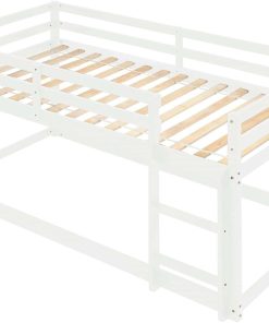 Low Bunk Beds Twin Over Twin Floor Bunk Bed Frame Junior Loft Bed for Kids Boys Girls Teens, White - 8