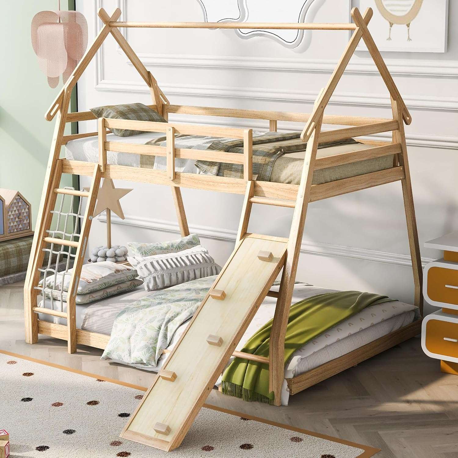 Merax Twin Over Queen House Bunk Bed Solid Wood Frame with Climbing Nets and Climbing Ramp for Boys Girls and Teens,Natural - 1