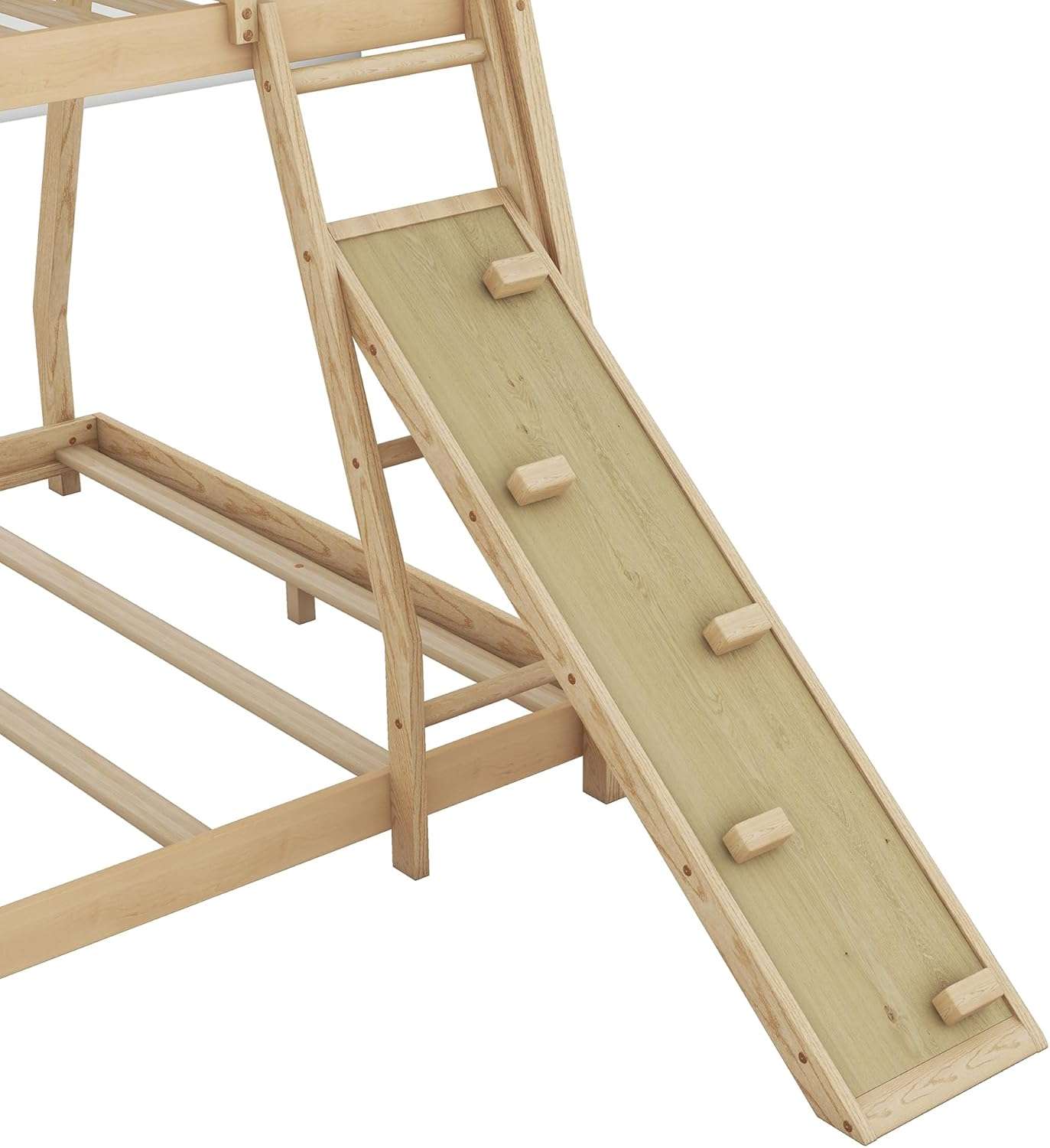 Merax Twin Over Queen House Bunk Bed Solid Wood Frame with Climbing Nets and Climbing Ramp for Boys Girls and Teens,Natural - 10