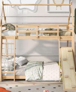 Merax Twin Over Queen House Bunk Bed Solid Wood Frame with Climbing Nets and Climbing Ramp for Boys Girls and Teens,Natural - 3