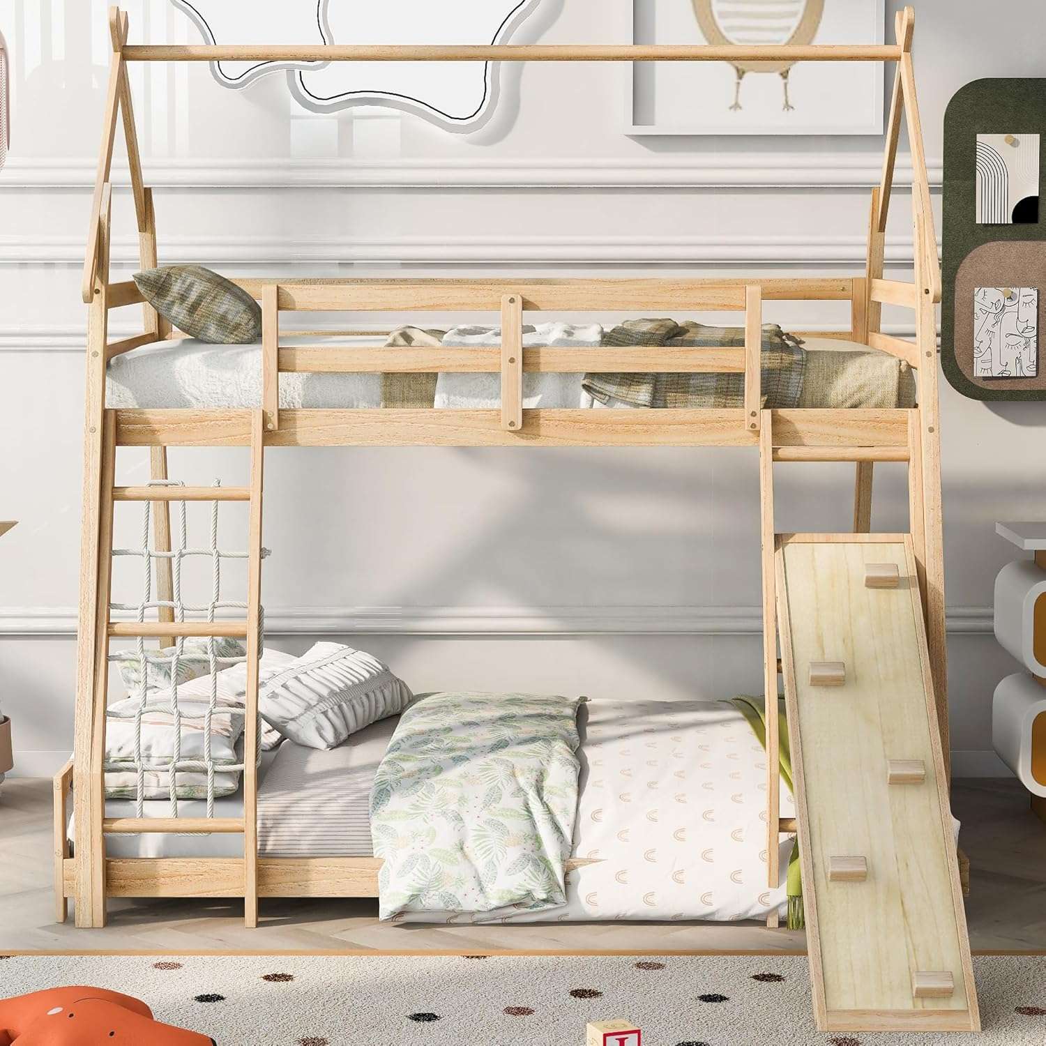 Merax Twin Over Queen House Bunk Bed Solid Wood Frame with Climbing Nets and Climbing Ramp for Boys Girls and Teens,Natural - 3