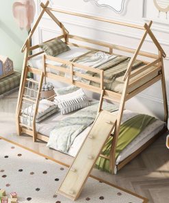 Merax Twin Over Queen House Bunk Bed Solid Wood Frame with Climbing Nets and Climbing Ramp for Boys Girls and Teens,Natural - 4